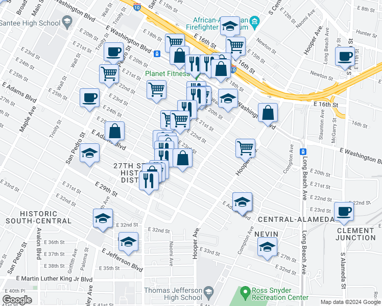 map of restaurants, bars, coffee shops, grocery stores, and more near 1348 East 23rd Street in Los Angeles