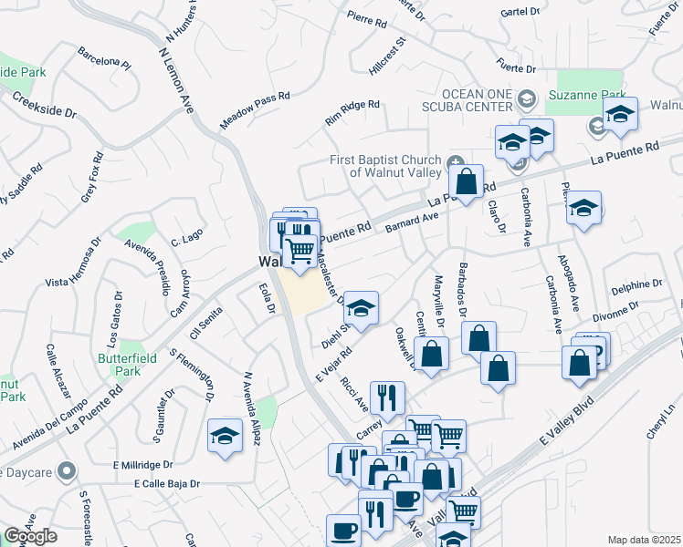 map of restaurants, bars, coffee shops, grocery stores, and more near 20162 Mckay Drive in Walnut