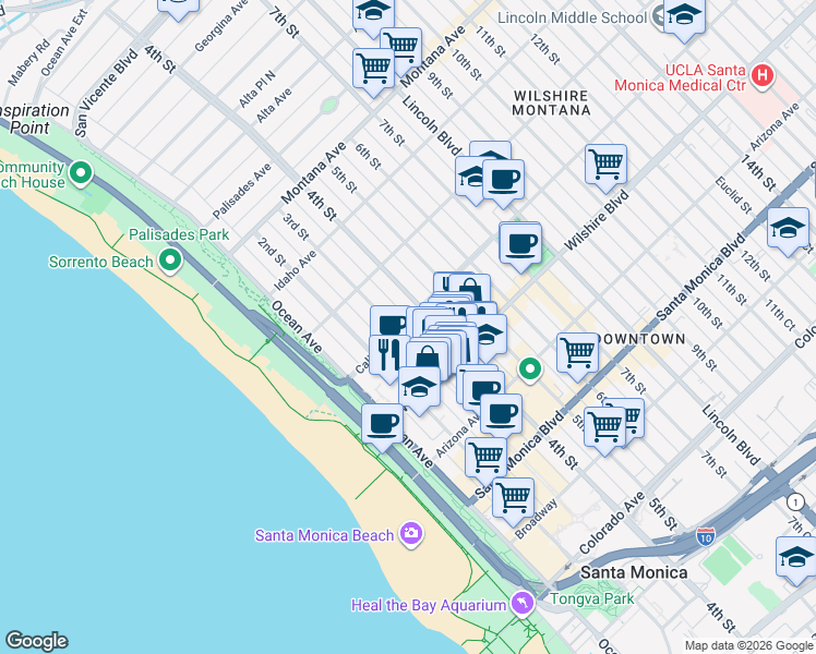 map of restaurants, bars, coffee shops, grocery stores, and more near 300 California Avenue in Santa Monica