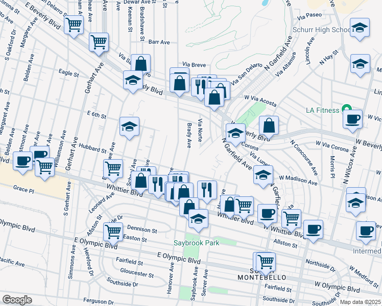 map of restaurants, bars, coffee shops, grocery stores, and more near 630 South Brady Avenue in East Los Angeles