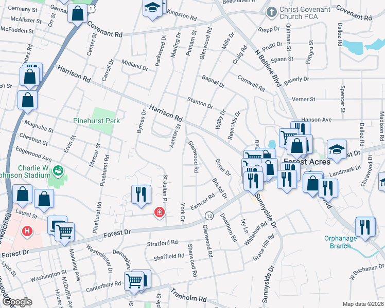 map of restaurants, bars, coffee shops, grocery stores, and more near 1924 York Drive in Columbia