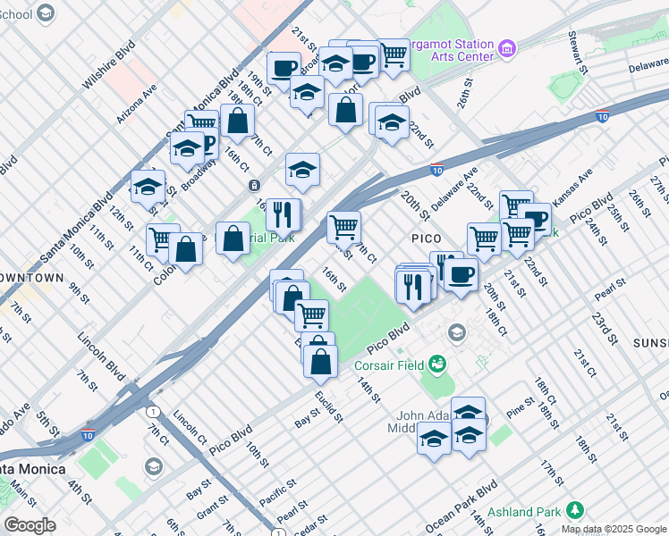 map of restaurants, bars, coffee shops, grocery stores, and more near 1824 17th Street in Santa Monica