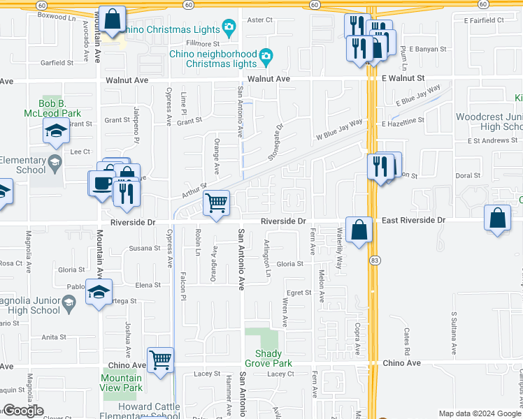 map of restaurants, bars, coffee shops, grocery stores, and more near 6756 Summerfield Court in Chino
