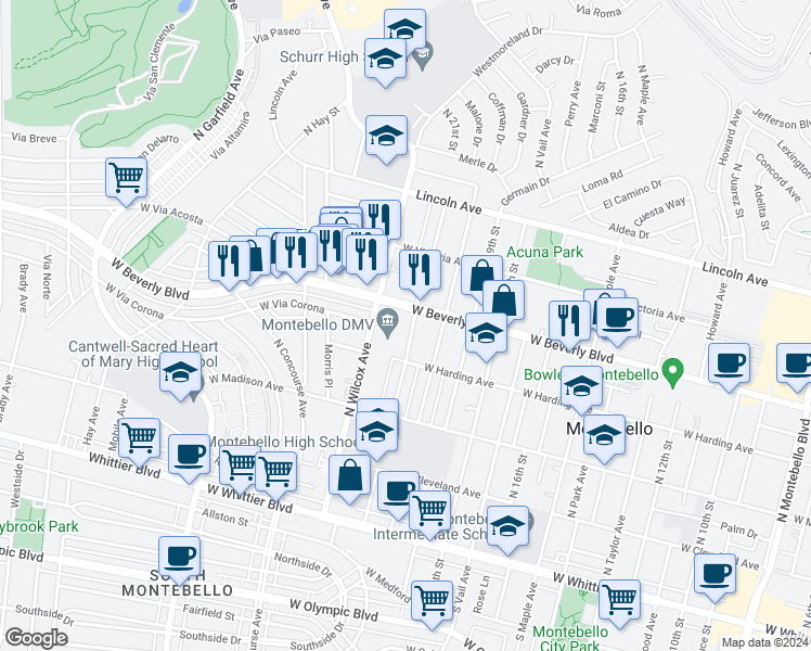 map of restaurants, bars, coffee shops, grocery stores, and more near 429 North 21st Street in Montebello