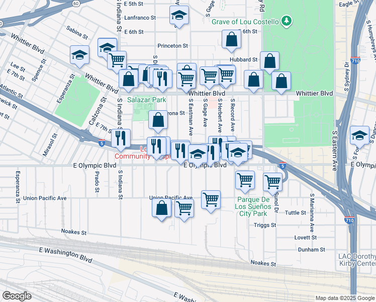 map of restaurants, bars, coffee shops, grocery stores, and more near 1141 South Eastman Avenue in Los Angeles