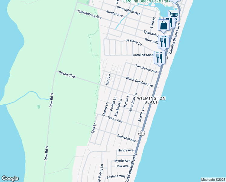 map of restaurants, bars, coffee shops, grocery stores, and more near 707 Ocean Boulevard in Carolina Beach