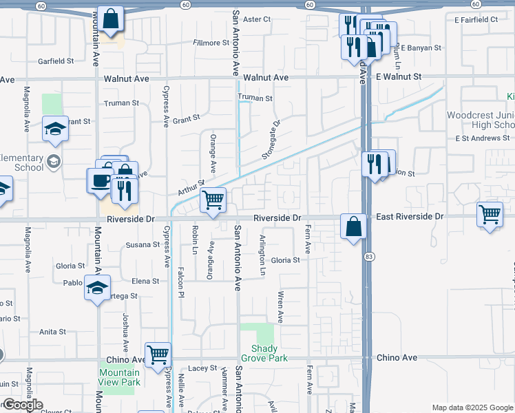 map of restaurants, bars, coffee shops, grocery stores, and more near 6756 Summerfield Court in Chino