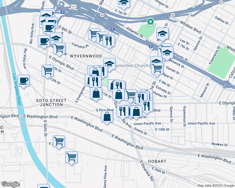 map of restaurants, bars, coffee shops, grocery stores, and more near 1415 South Grande Vista Avenue in Los Angeles