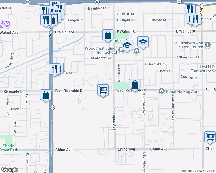 map of restaurants, bars, coffee shops, grocery stores, and more near 619 East Riverside Drive in Ontario