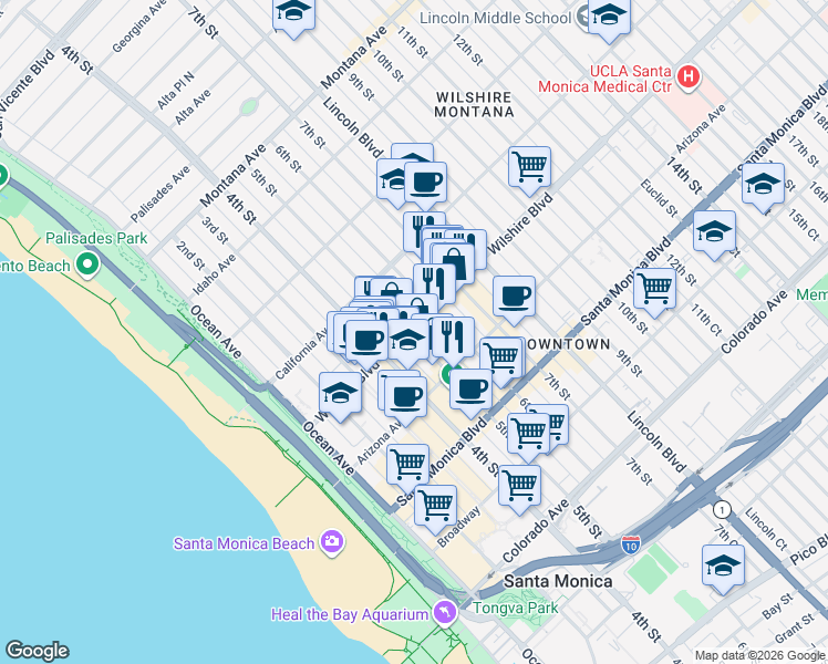 map of restaurants, bars, coffee shops, grocery stores, and more near 500 Wilshire Blvd in Santa Monica