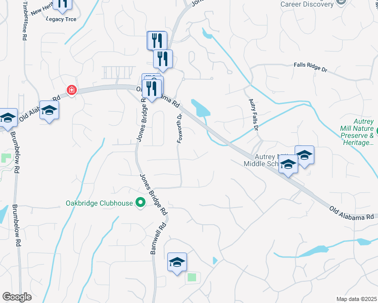 map of restaurants, bars, coffee shops, grocery stores, and more near 110 Foxbrush Circle in Alpharetta