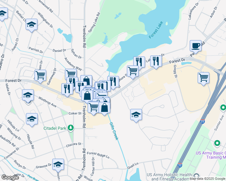 map of restaurants, bars, coffee shops, grocery stores, and more near 25 Forest Lake Place in Columbia