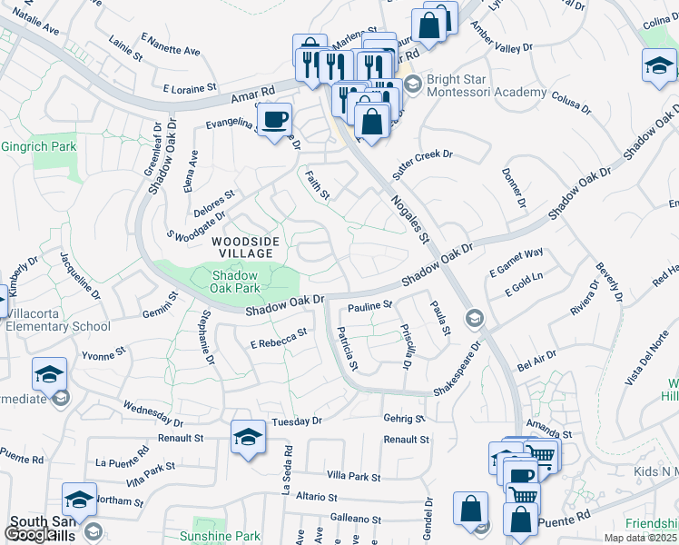 map of restaurants, bars, coffee shops, grocery stores, and more near 2441 Angela Street in West Covina