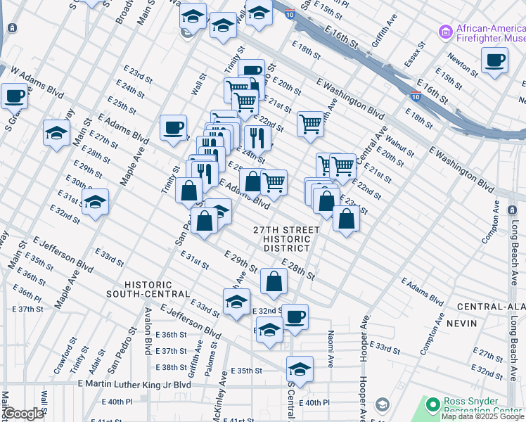 map of restaurants, bars, coffee shops, grocery stores, and more near 836 East Adams Boulevard in Los Angeles