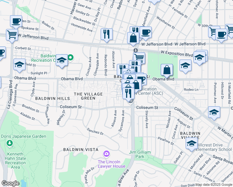 map of restaurants, bars, coffee shops, grocery stores, and more near 5144 Village Green in Los Angeles