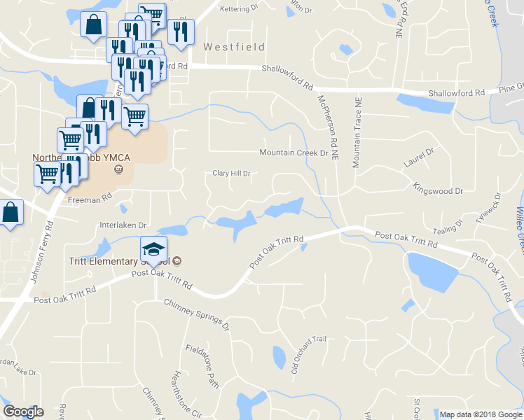 map of restaurants, bars, coffee shops, grocery stores, and more near 4643 Clary Lakes Drive in Roswell