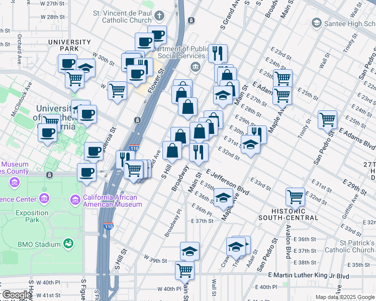 map of restaurants, bars, coffee shops, grocery stores, and more near 150 West 33rd Street in Los Angeles