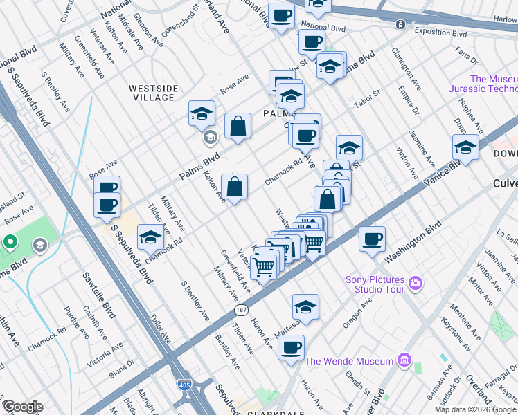 map of restaurants, bars, coffee shops, grocery stores, and more near 3630 Midvale Avenue in Los Angeles