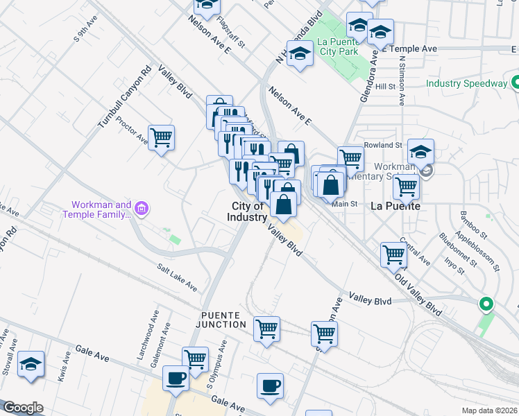map of restaurants, bars, coffee shops, grocery stores, and more near 15701 Valley Boulevard in La Puente
