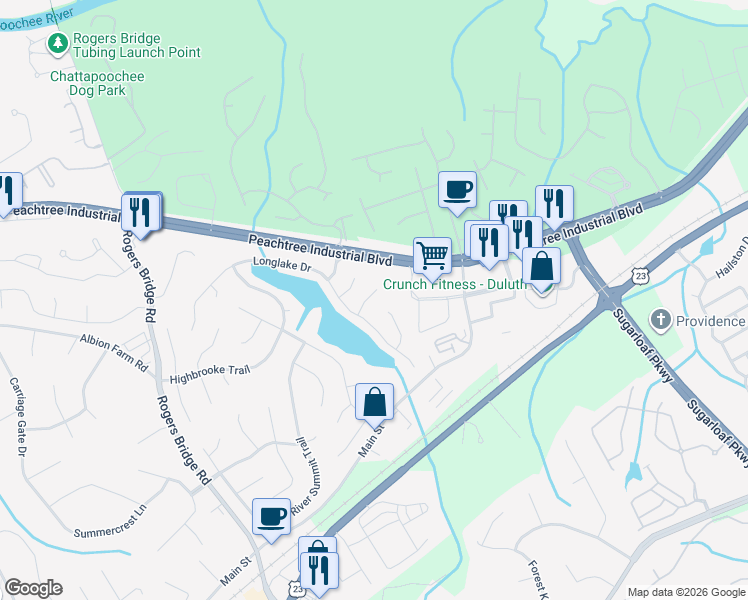 map of restaurants, bars, coffee shops, grocery stores, and more near 2364 Lake Villas Lane in Duluth
