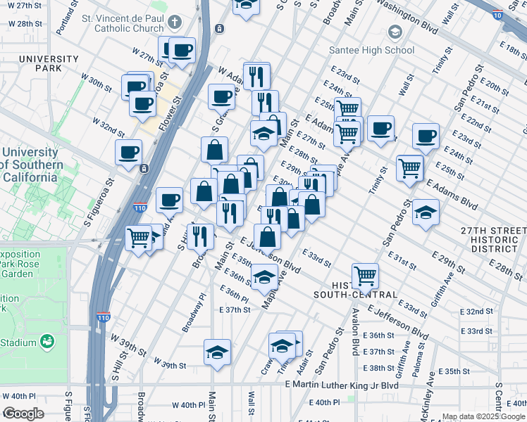 map of restaurants, bars, coffee shops, grocery stores, and more near 125 East 32nd Street in Los Angeles