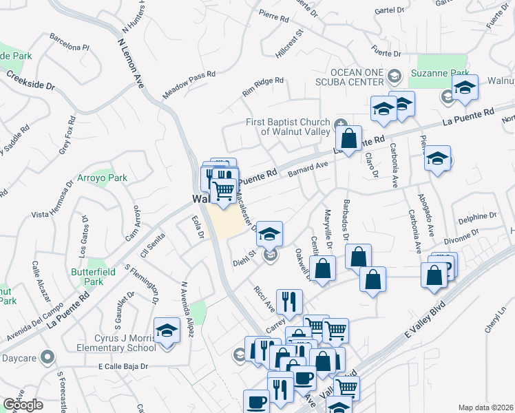 map of restaurants, bars, coffee shops, grocery stores, and more near 20168 Mckay Drive in Walnut