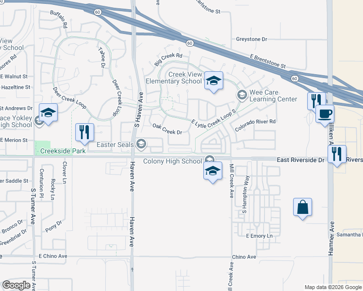 map of restaurants, bars, coffee shops, grocery stores, and more near 3669A Country Oaks Loop in Ontario