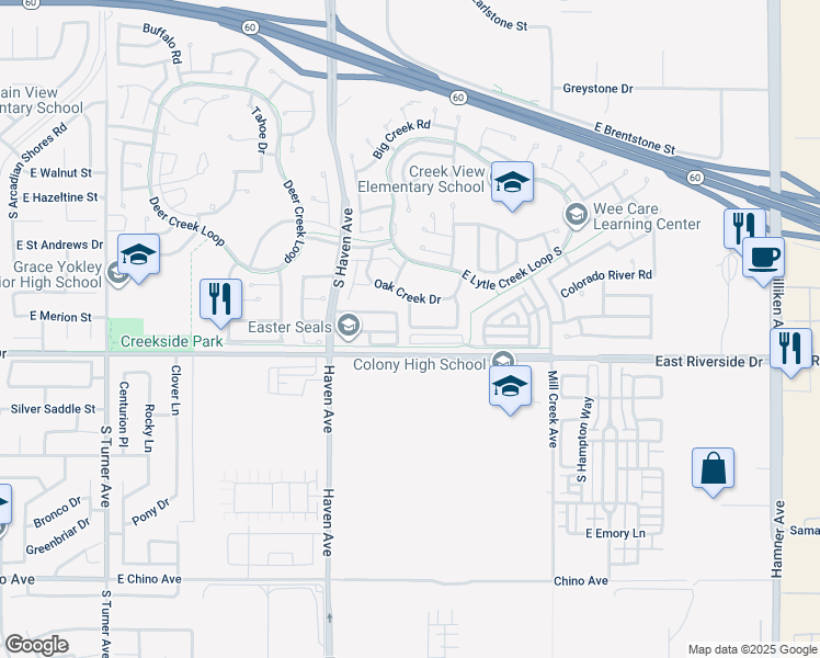 map of restaurants, bars, coffee shops, grocery stores, and more near 2926 South Tuolumne Place in Ontario