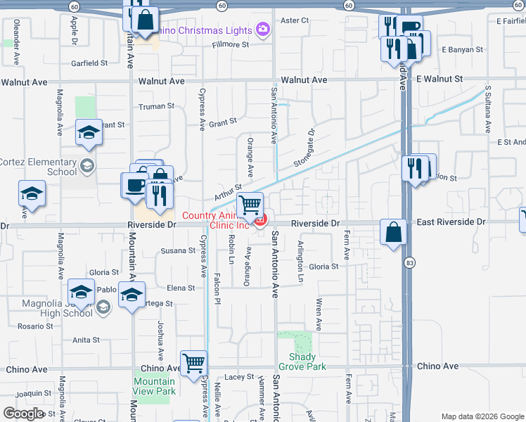 map of restaurants, bars, coffee shops, grocery stores, and more near 12859 Cedro Avenue in Chino