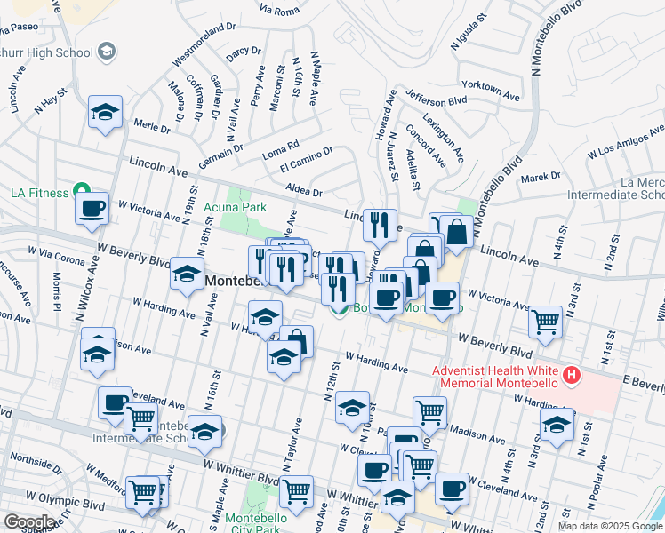 map of restaurants, bars, coffee shops, grocery stores, and more near 545 North Taylor Avenue in Montebello