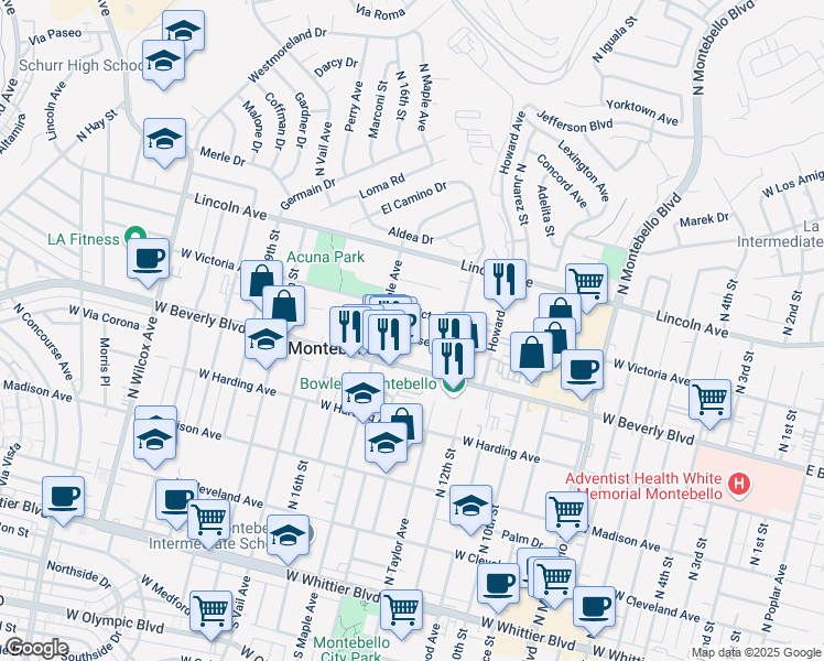 map of restaurants, bars, coffee shops, grocery stores, and more near 1412 Masser Place in Montebello