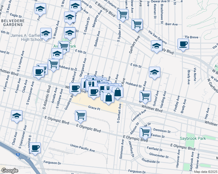 map of restaurants, bars, coffee shops, grocery stores, and more near 730 South Sadler Avenue in Los Angeles