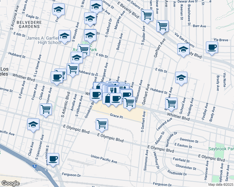 map of restaurants, bars, coffee shops, grocery stores, and more near 743 Hoefner Avenue in East Los Angeles