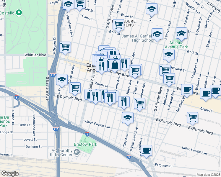 map of restaurants, bars, coffee shops, grocery stores, and more near 1009 South Fetterly Avenue in East Los Angeles