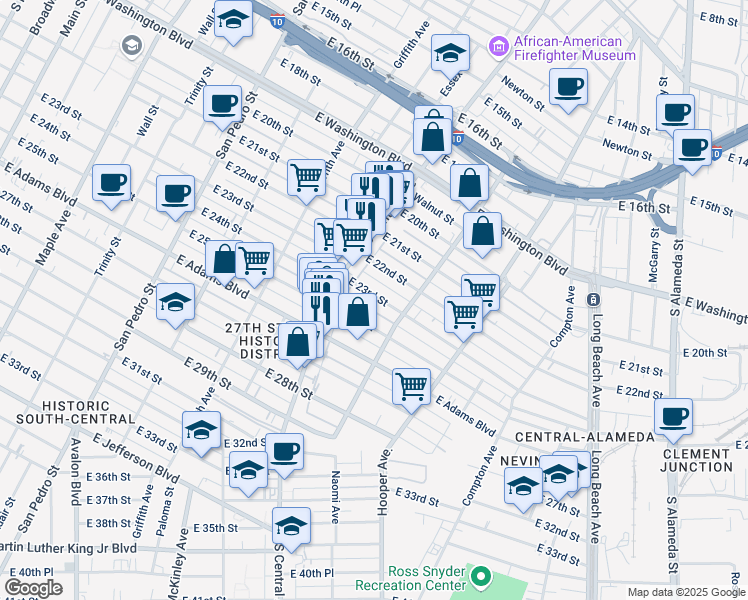 map of restaurants, bars, coffee shops, grocery stores, and more near 1344 East 23rd Street in Los Angeles
