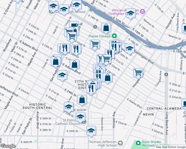 map of restaurants, bars, coffee shops, grocery stores, and more near 1008 East 25th Street in Los Angeles