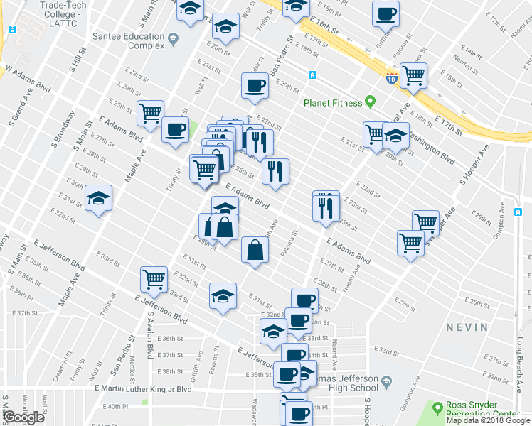 map of restaurants, bars, coffee shops, grocery stores, and more near 836 East Adams Boulevard in Los Angeles