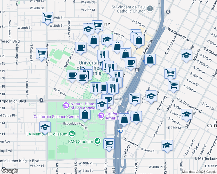 map of restaurants, bars, coffee shops, grocery stores, and more near in Los Angeles