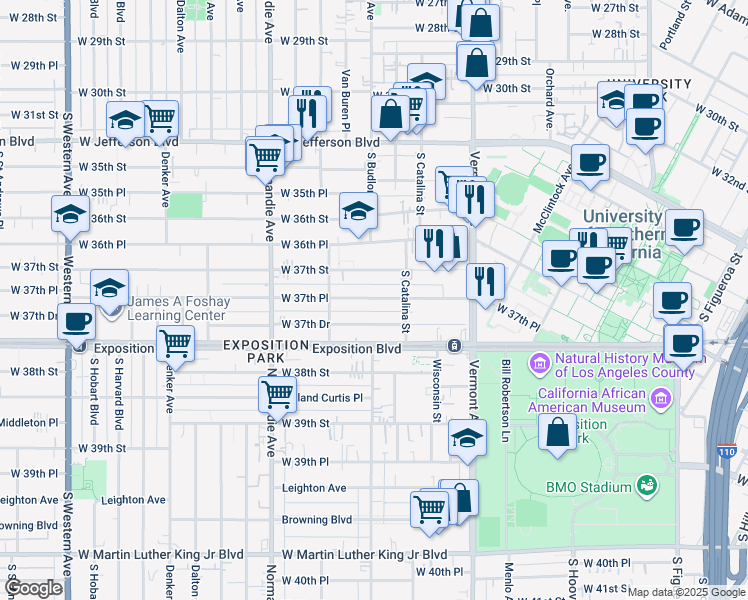 map of restaurants, bars, coffee shops, grocery stores, and more near 1248 1/2 West 37th Place in Los Angeles