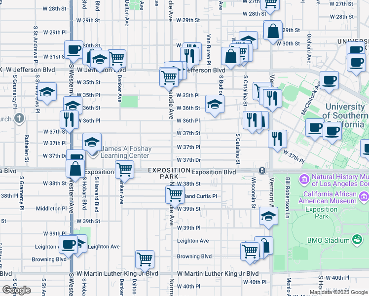 map of restaurants, bars, coffee shops, grocery stores, and more near 1348 West 37th Place in Los Angeles