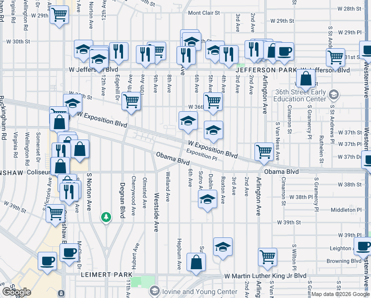 map of restaurants, bars, coffee shops, grocery stores, and more near 2619 West Exposition Place in Los Angeles