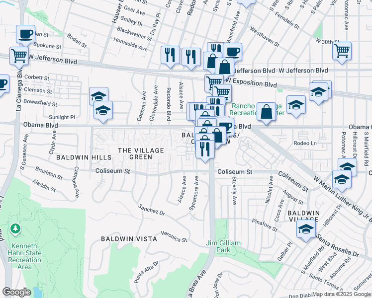 map of restaurants, bars, coffee shops, grocery stores, and more near 5119 Village Green in Los Angeles