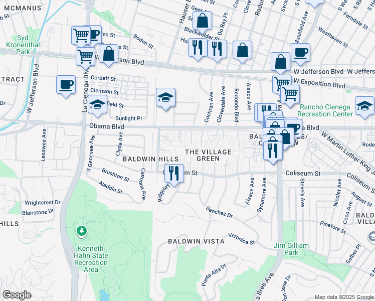 map of restaurants, bars, coffee shops, grocery stores, and more near 5421 1/2 Village Green in Los Angeles