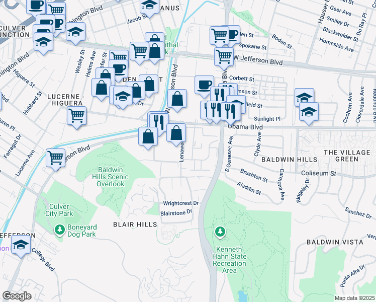 map of restaurants, bars, coffee shops, grocery stores, and more near 3645 Kalsman Drive in Los Angeles