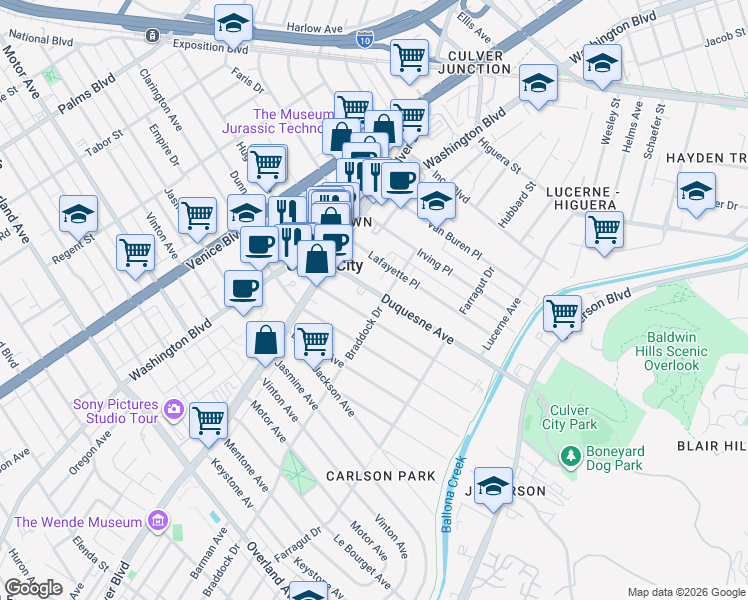 map of restaurants, bars, coffee shops, grocery stores, and more near 4059 Duquesne Avenue in Culver City