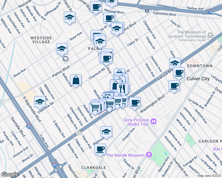 map of restaurants, bars, coffee shops, grocery stores, and more near 3670 Glendon Avenue in Los Angeles