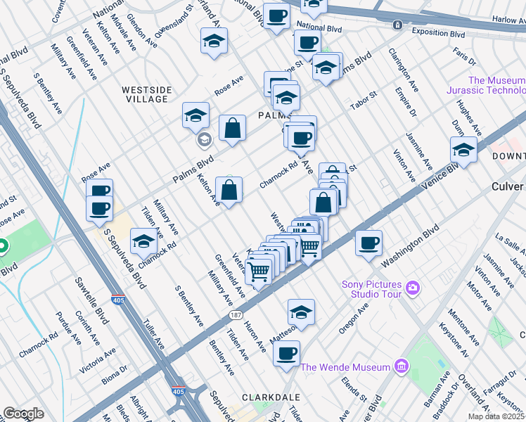 map of restaurants, bars, coffee shops, grocery stores, and more near 3624 Midvale Avenue in Los Angeles