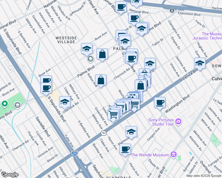 map of restaurants, bars, coffee shops, grocery stores, and more near 3624 Midvale Avenue in Los Angeles