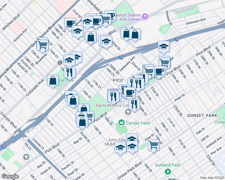 map of restaurants, bars, coffee shops, grocery stores, and more near 1933 18th Street in Santa Monica
