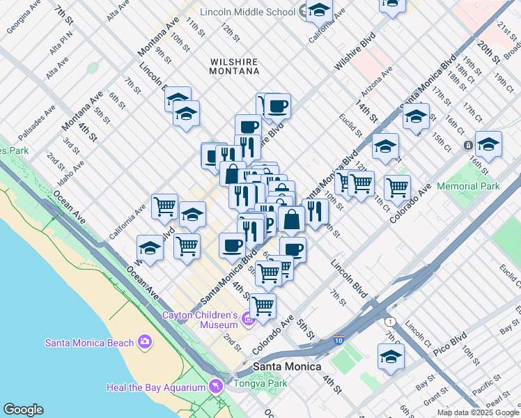 map of restaurants, bars, coffee shops, grocery stores, and more near 1334 Lincoln Boulevard in Santa Monica